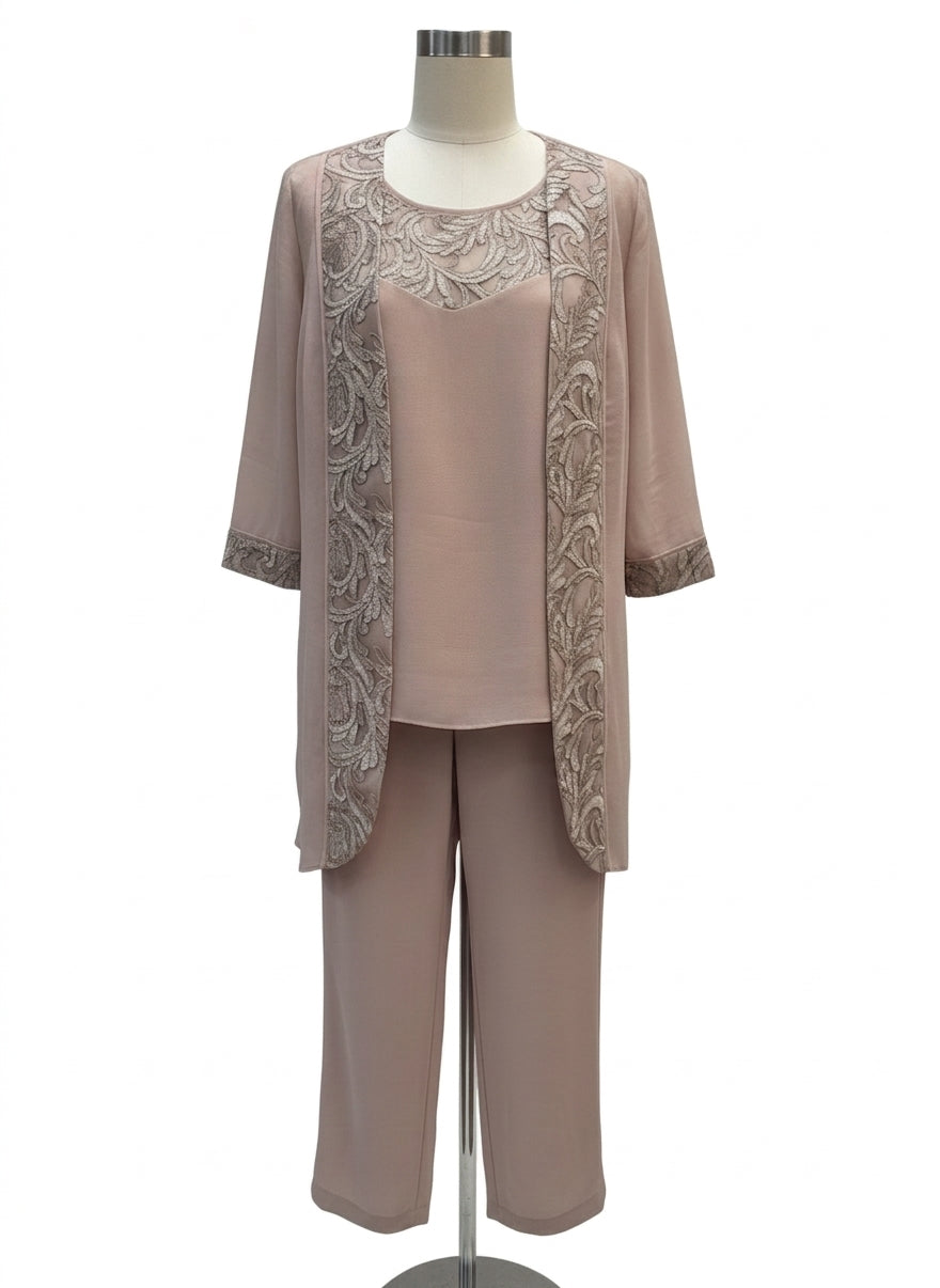 Maya Brooke · 3 PC Set Pants, Top & Evening Jacket with Embellishment · 12 · Beige