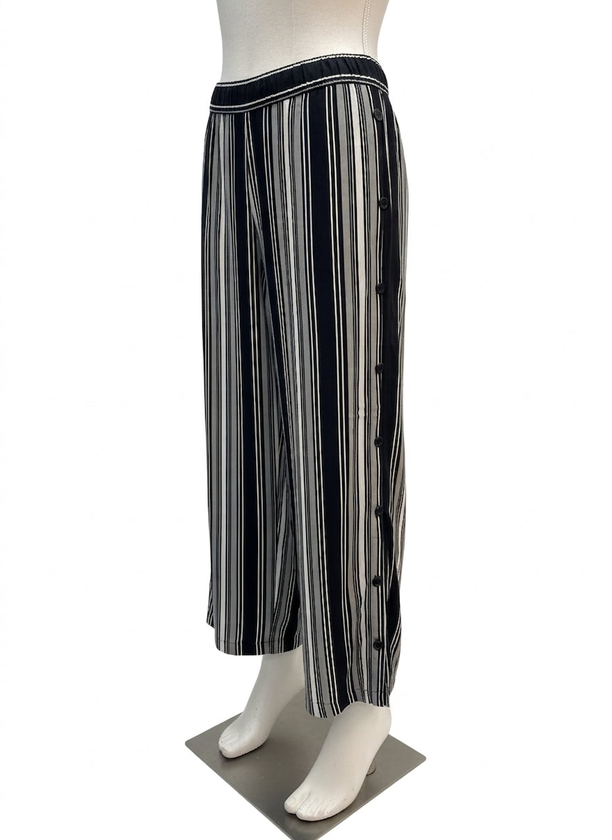 Life Style · FashionPants with Side Button Detail · Medium · Black/Cream Striped