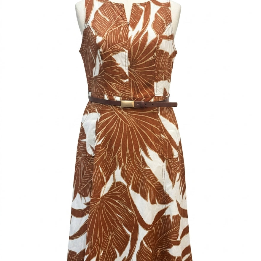 Calvin Klein · Sleeveless Belted Dress with Pockets · 10 · Brown/Cream