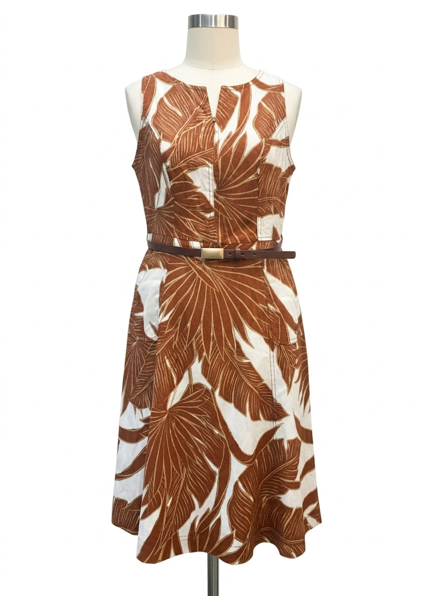 Calvin Klein · Sleeveless Belted Dress with Pockets · 10 · Brown/Cream