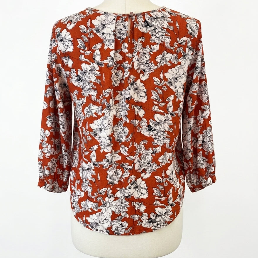 Fun2Fun · 3/4 Sleeve Pleated Detail · Medium · Rust/White Floral