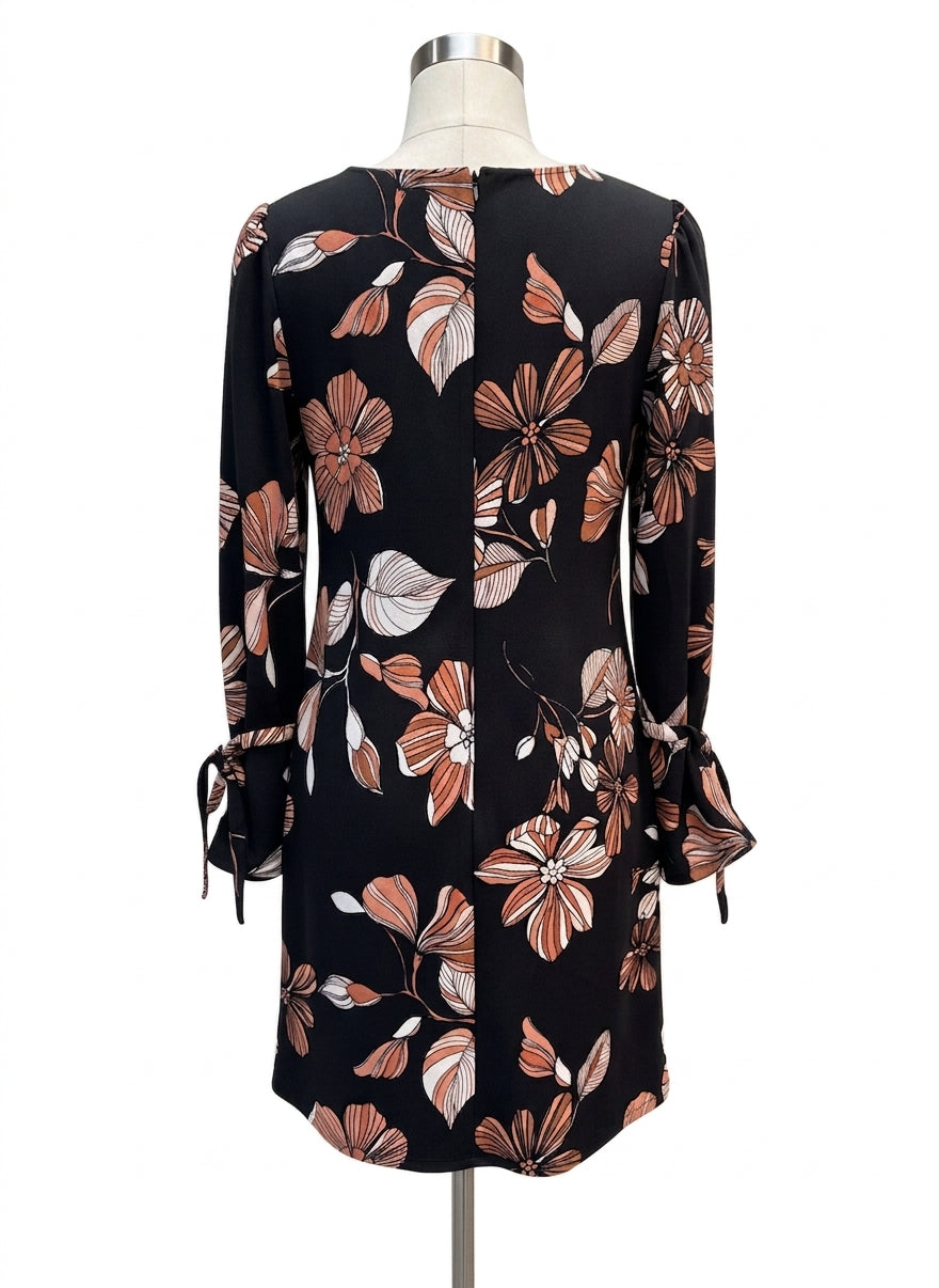 Nine West · Tie Sleeve Detail Longsleeve Dress · 8 · Black Floral