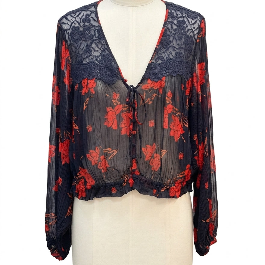 Free People · Sheer Floral Shirt with Front Tie Detail · Medium · Navy/Red