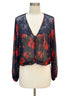 Free People · Sheer Floral Shirt with Front Tie Detail · Medium · Navy/Red