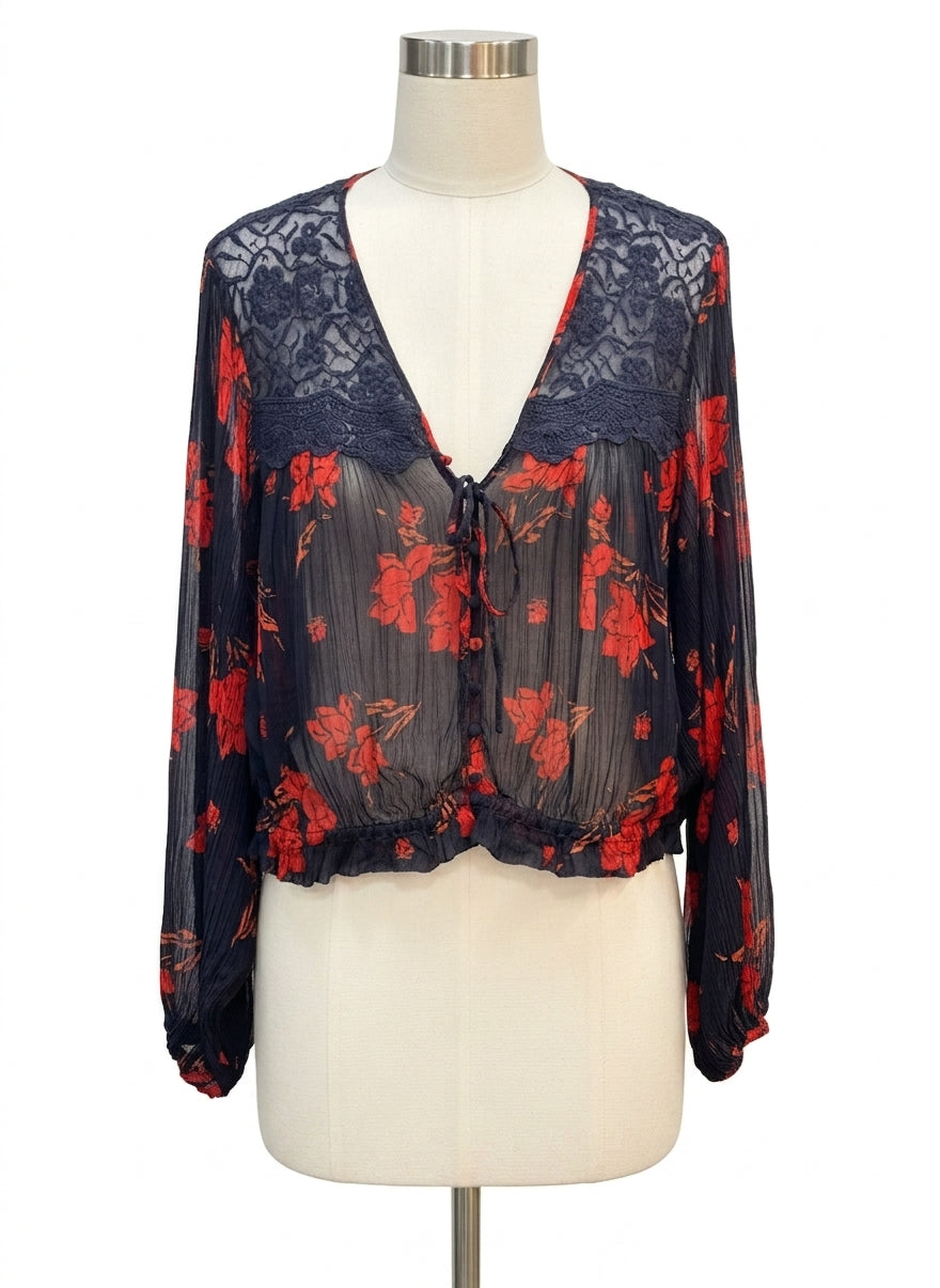 Free People · Sheer Floral Shirt with Front Tie Detail · Medium · Navy/Red