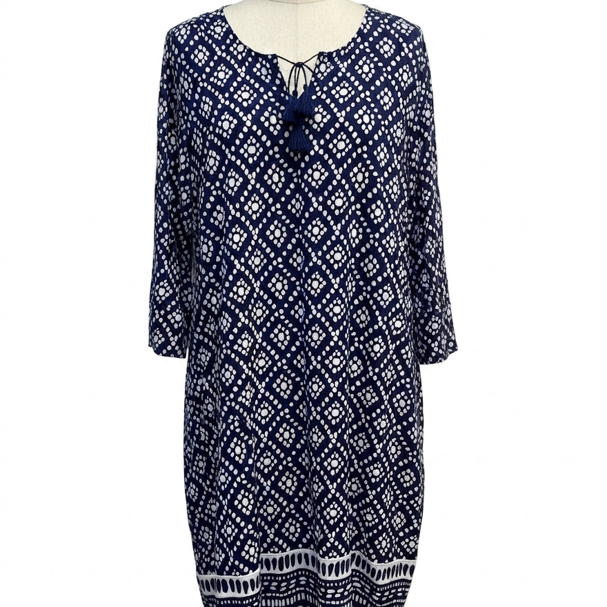 ColdwaterCreek · 3/4 Sleeve Dress Tassel Detail · Large · NavyWhite