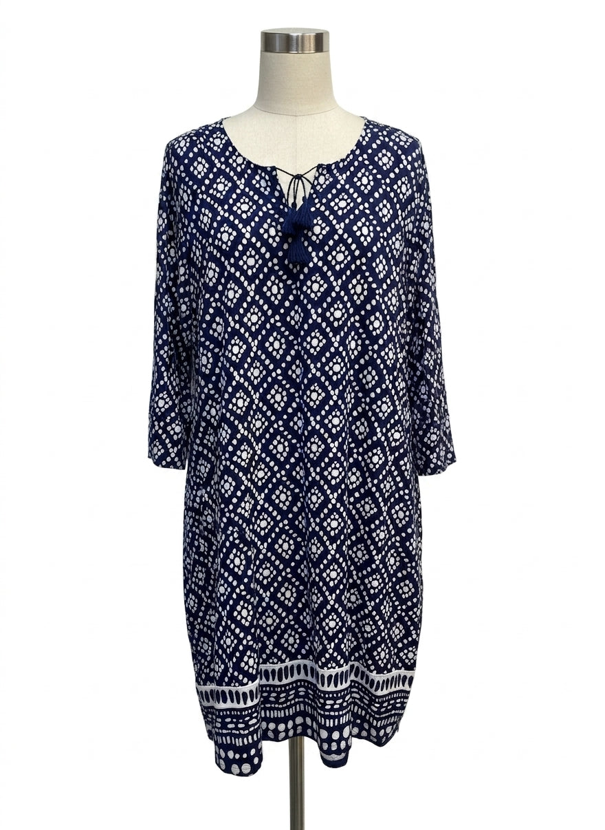 ColdwaterCreek · 3/4 Sleeve Dress Tassel Detail · Large · NavyWhite
