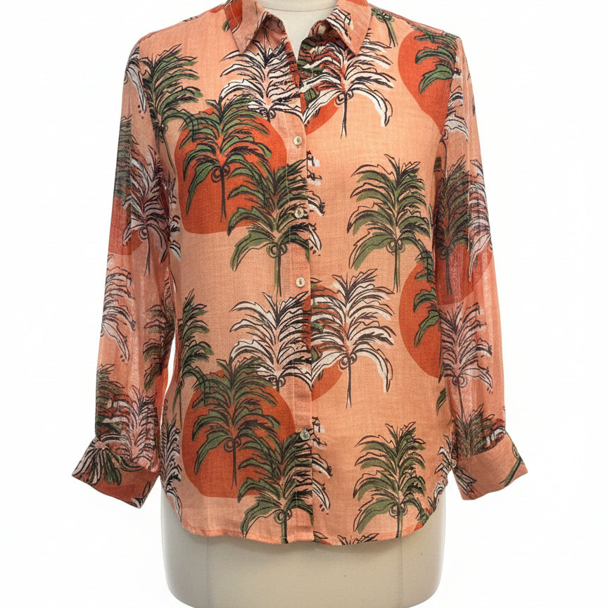Nicole Miller · Long Sleeve Palm Tree Print Shirt · Medium · ApricotMulti
