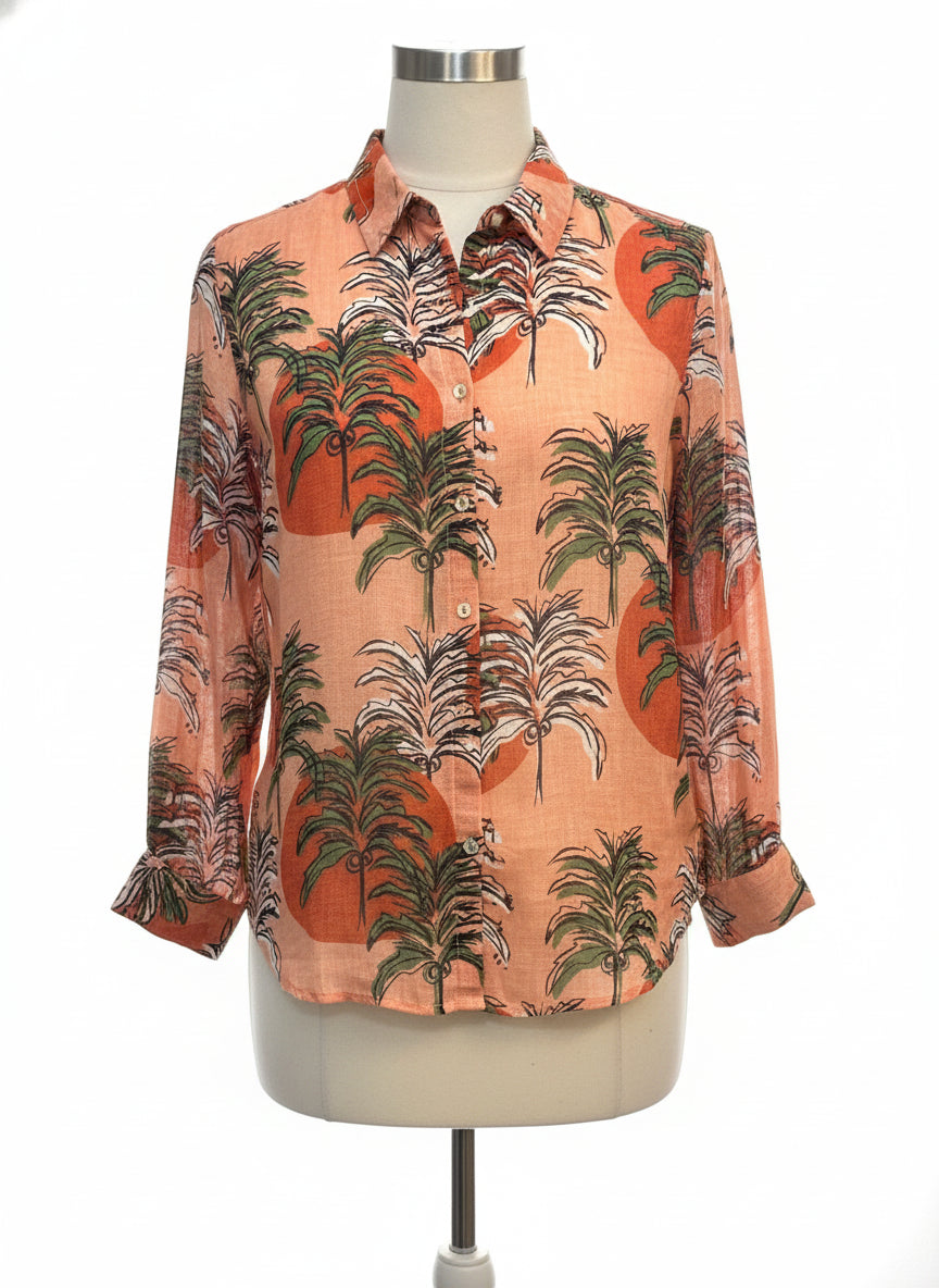Nicole Miller · Long Sleeve Palm Tree Print Shirt · Medium · ApricotMulti