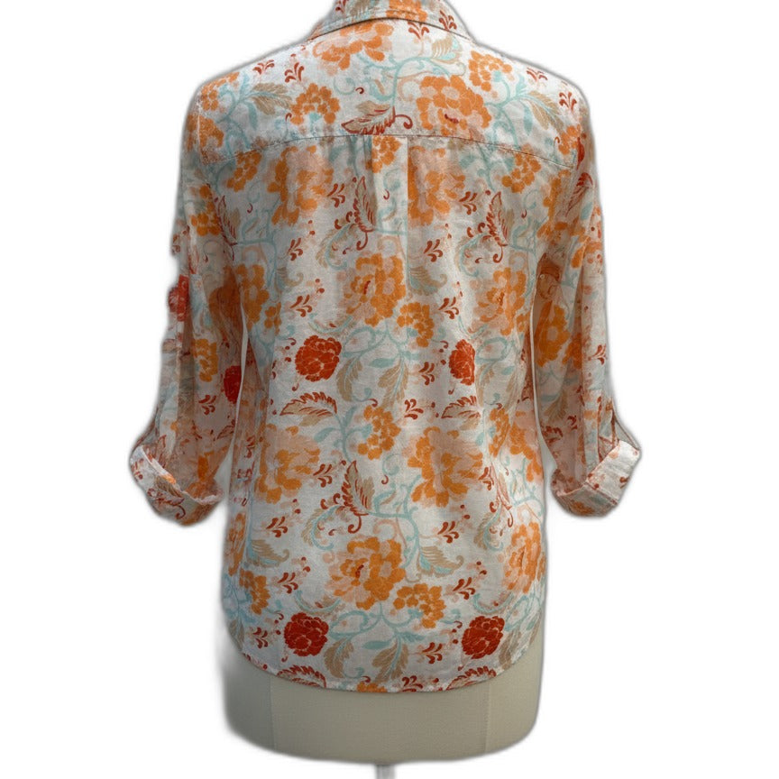 JonesNY · Roll Tab Shirt · 2X · Orange/White Floral Print