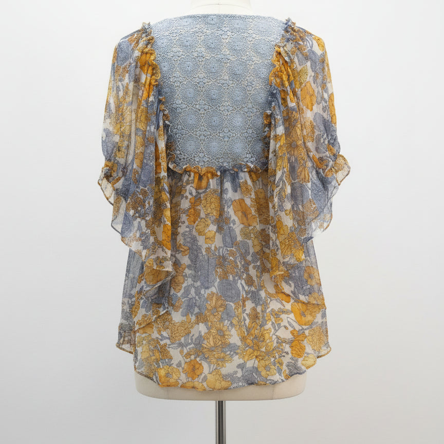 Anthropologie · Blue Tassel Batwing Blouse · Medium · BlueFloral
