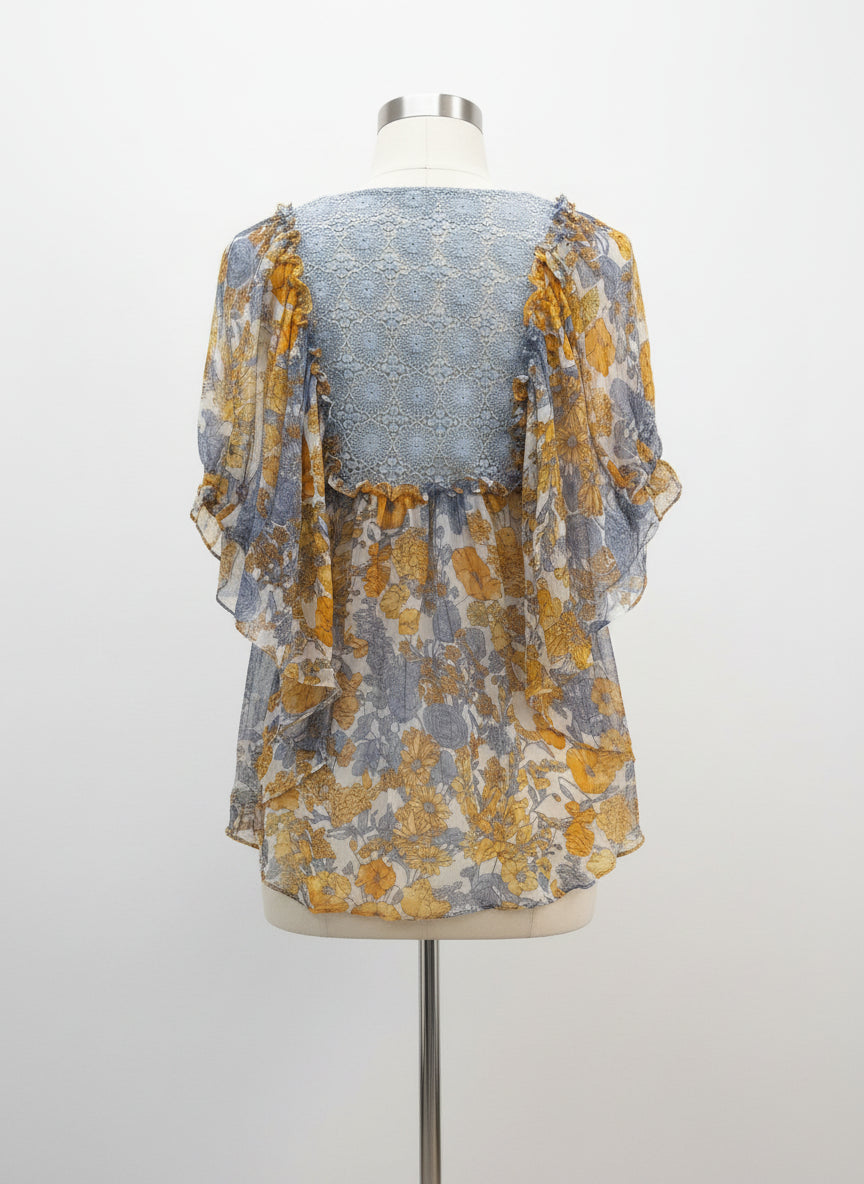 Anthropologie · Blue Tassel Batwing Blouse · Medium · BlueFloral