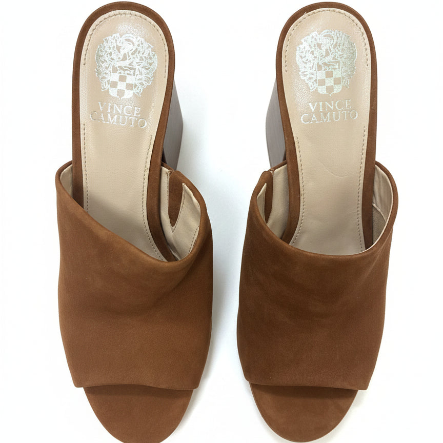 Vince Camuto · Keeran Open-Toe Mule Sandals · 7.5 · Tawny Suede