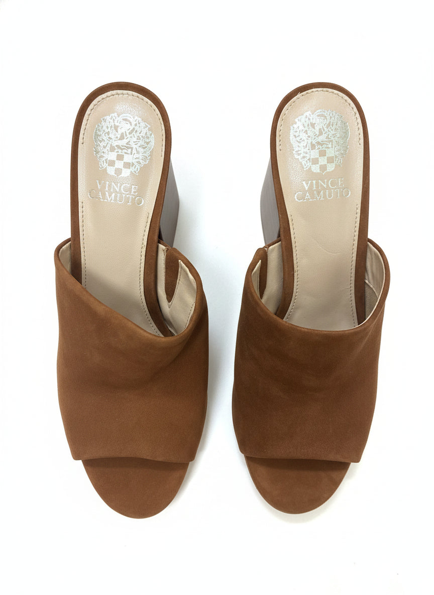 Vince Camuto · Keeran Open-Toe Mule Sandals · 7.5 · Tawny Suede
