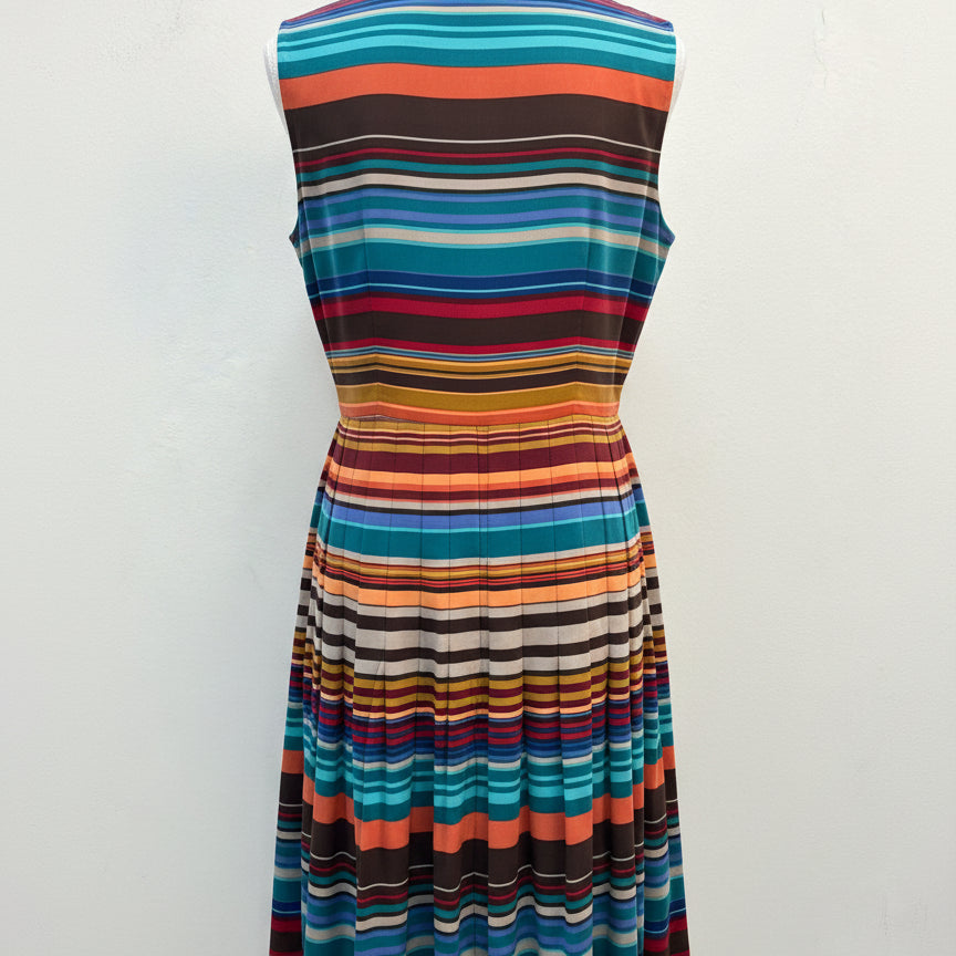 Calvin Klein · Sleeveless Pleated Dress · 10 · TealMulti Striped