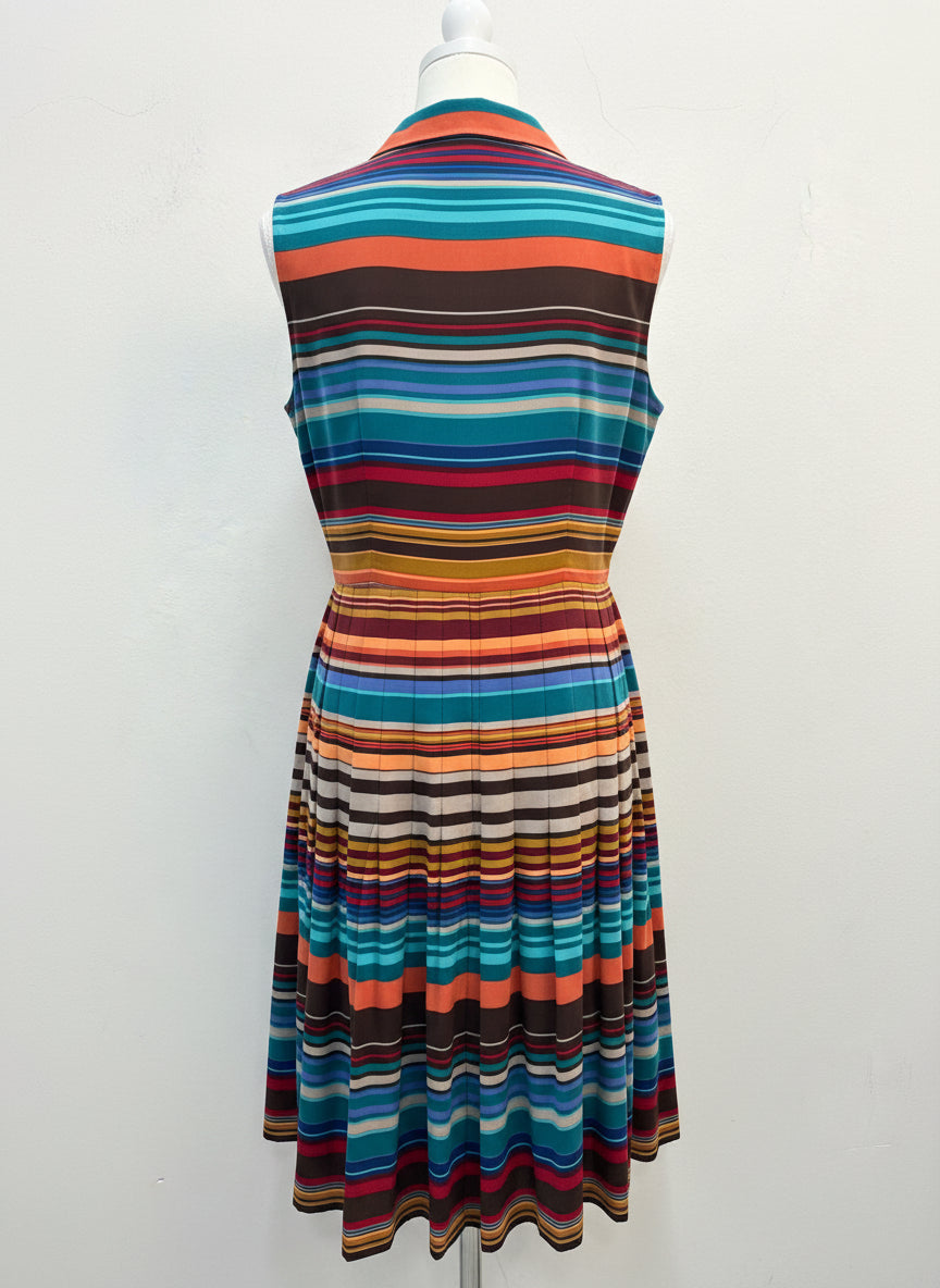 Calvin Klein · Sleeveless Pleated Dress · 10 · TealMulti Striped