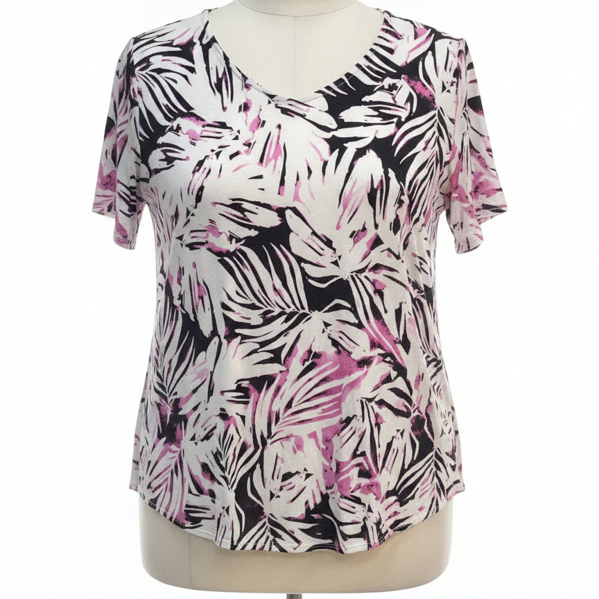 Alfani · Shirt · 1X · Black, White, Pink Leaf Print