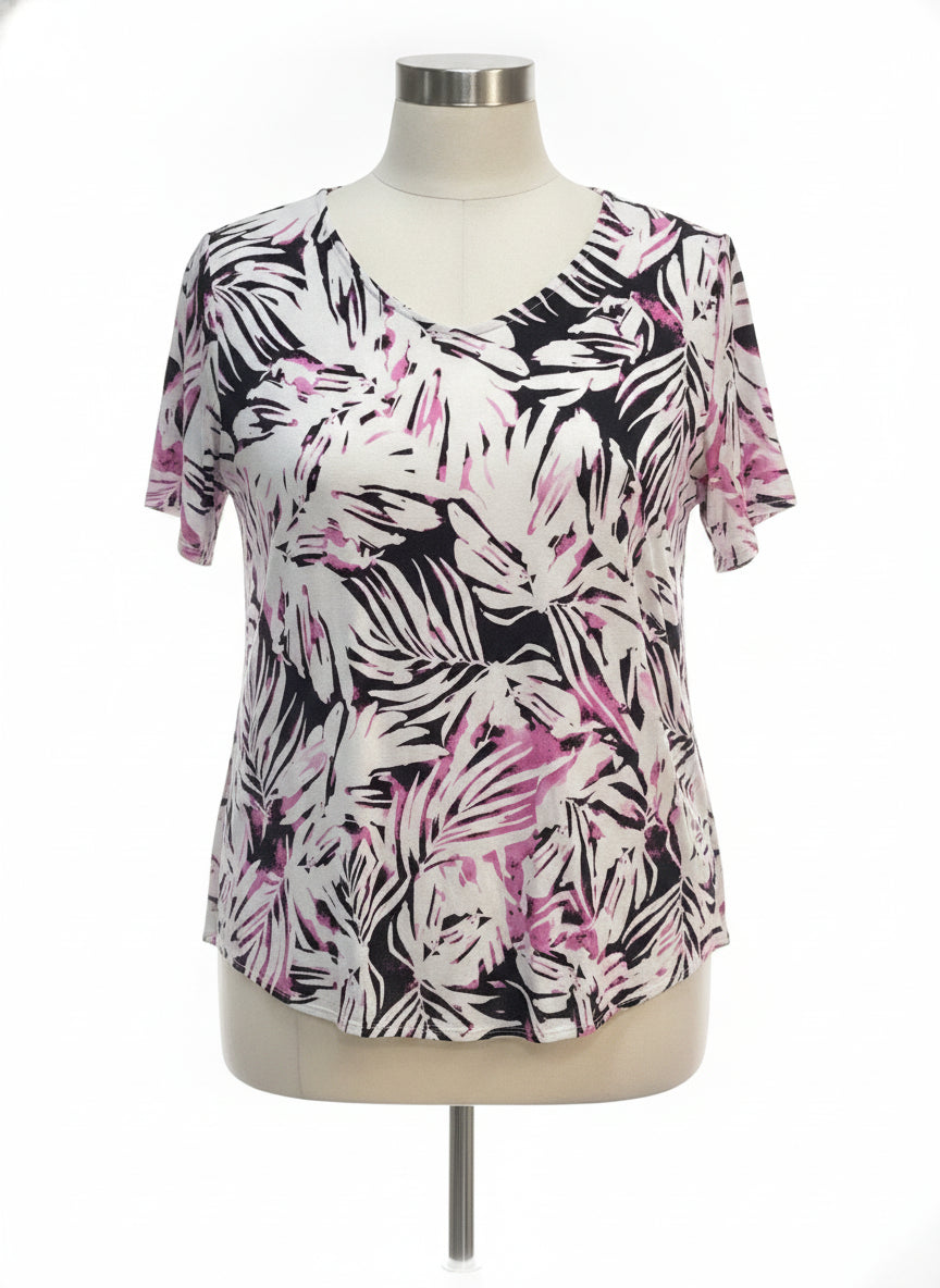Alfani · Shirt · 1X · Black, White, Pink Leaf Print