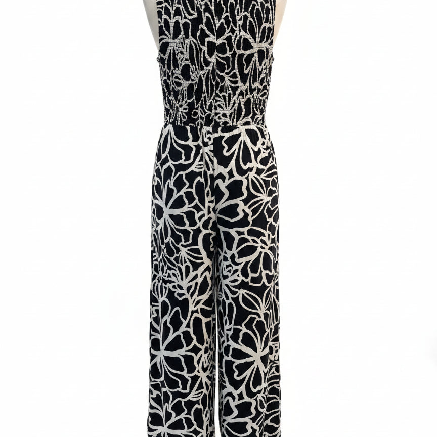 Calvin Klein · Sleeveless Smocked Floral Print Jumpsuit · 8 · BlackWhite