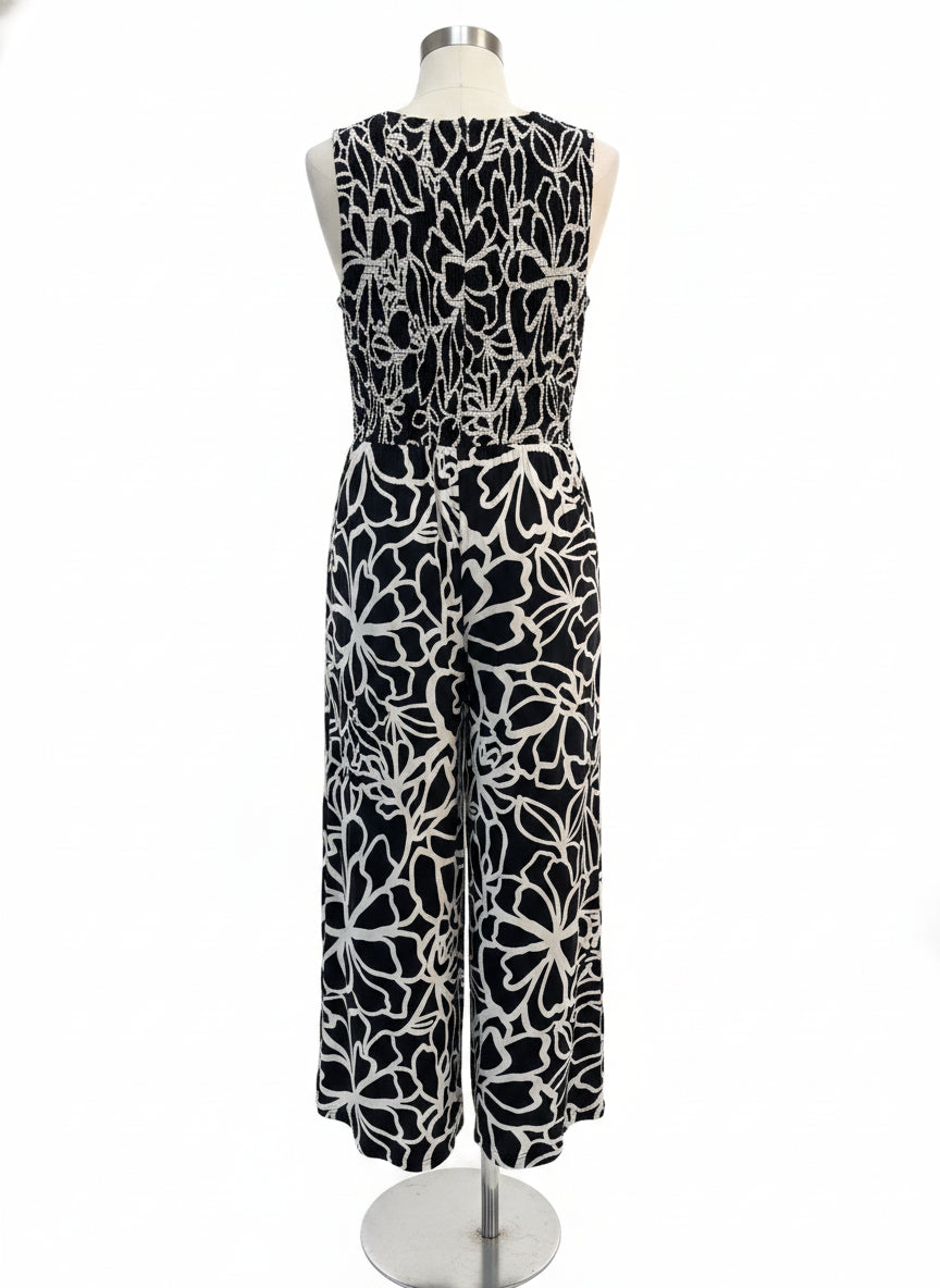 Calvin Klein · Sleeveless Smocked Floral Print Jumpsuit · 8 · BlackWhite