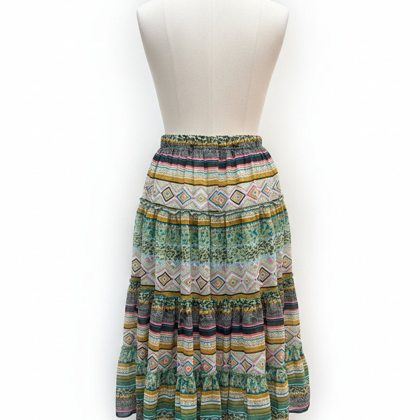 Sundance · Boho Southwestern Tiered Skirt · Small · GreenMulti