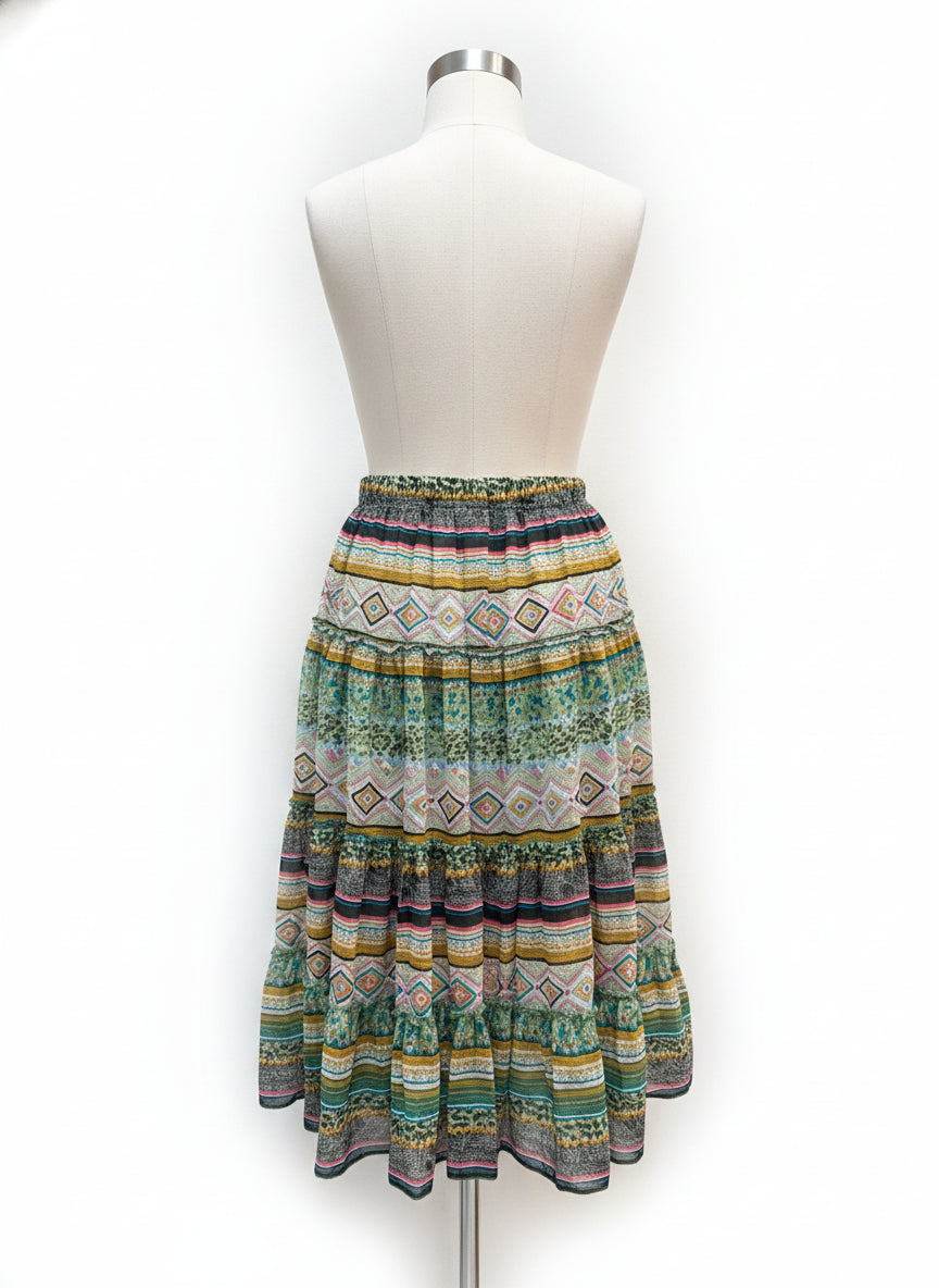 Sundance · Boho Southwestern Tiered Skirt · Small · GreenMulti