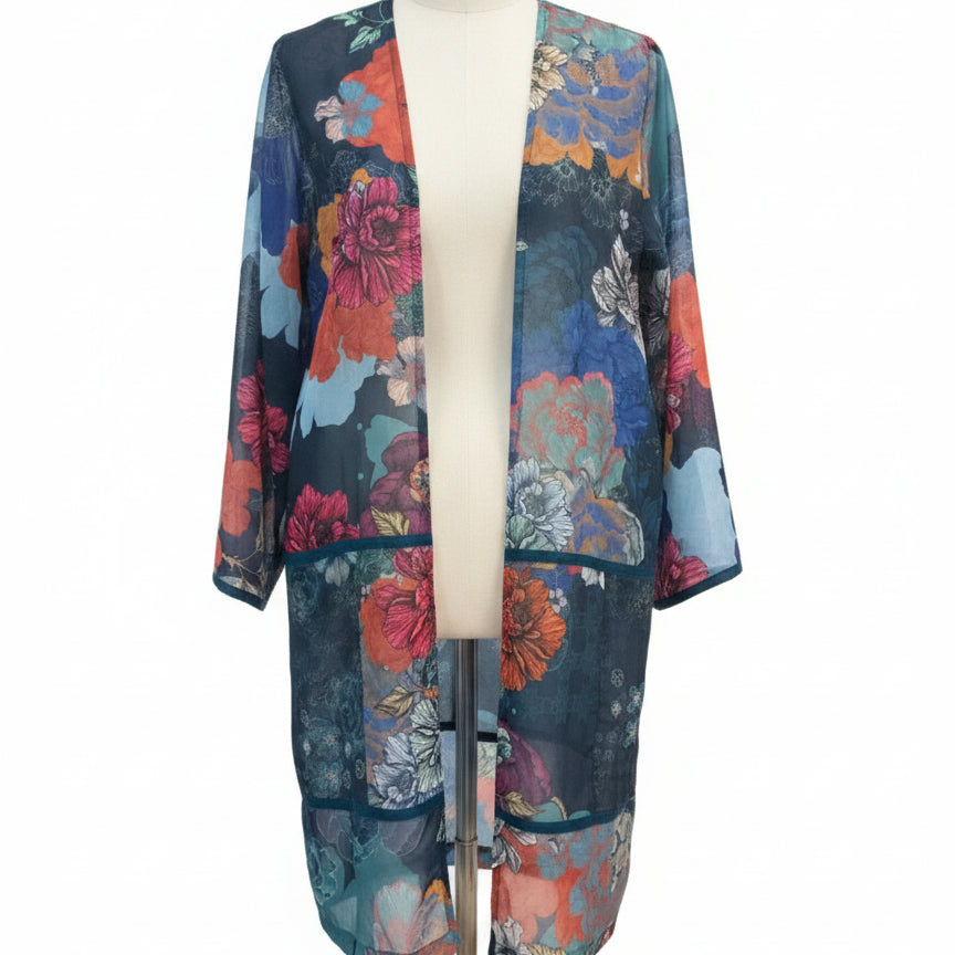SoftSurroundings · Open Drape Cardigan · Medium · Teal Floral
