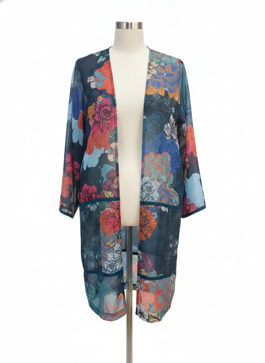 SoftSurroundings · Open Drape Cardigan · Medium · Teal Floral
