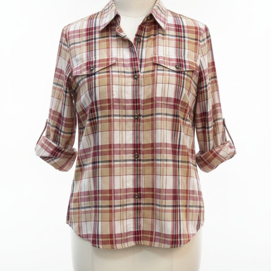 Alfred Dunner · Roll Tab Shirt · Large · BeigeMulti Plaid