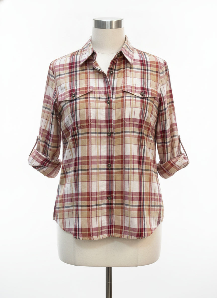 Alfred Dunner · Roll Tab Shirt · Large · BeigeMulti Plaid
