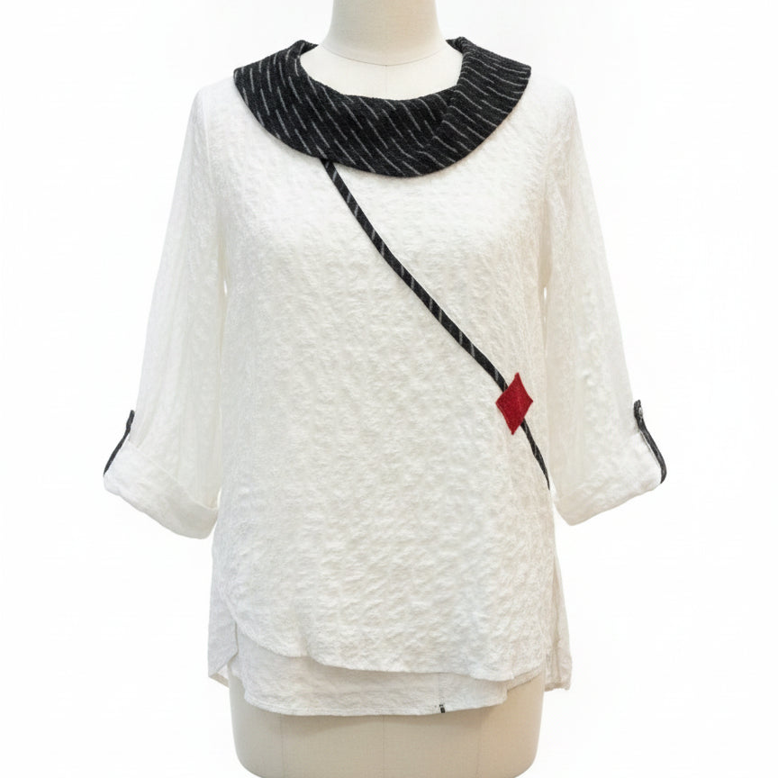 Ali Miles · Roll Tab Shirt · Medium · WhiteGray Textured