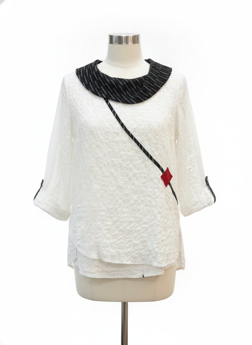 Ali Miles · Roll Tab Shirt · Medium · WhiteGray Textured