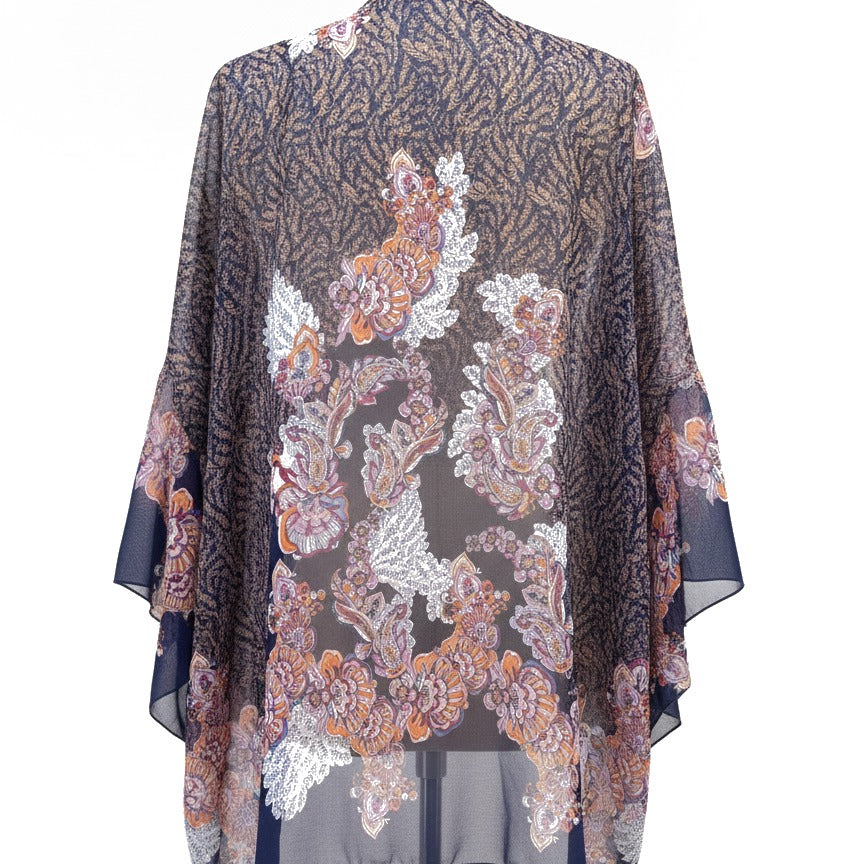 ReneeC · Sheer Paisley floral print Kimono · 2X · Navy Floral