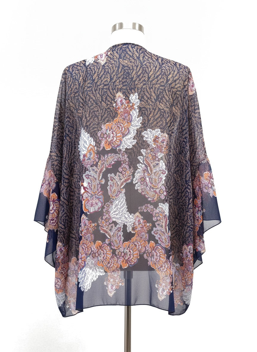 ReneeC · Sheer Paisley floral print Kimono · 2X · Navy Floral