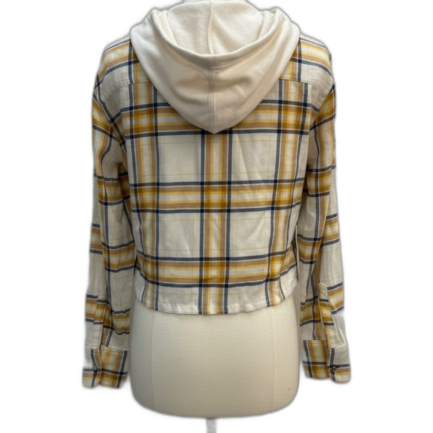Cleo & Wolf · Cropped Hooded Shacket · Medium · YellowNavy Plaid