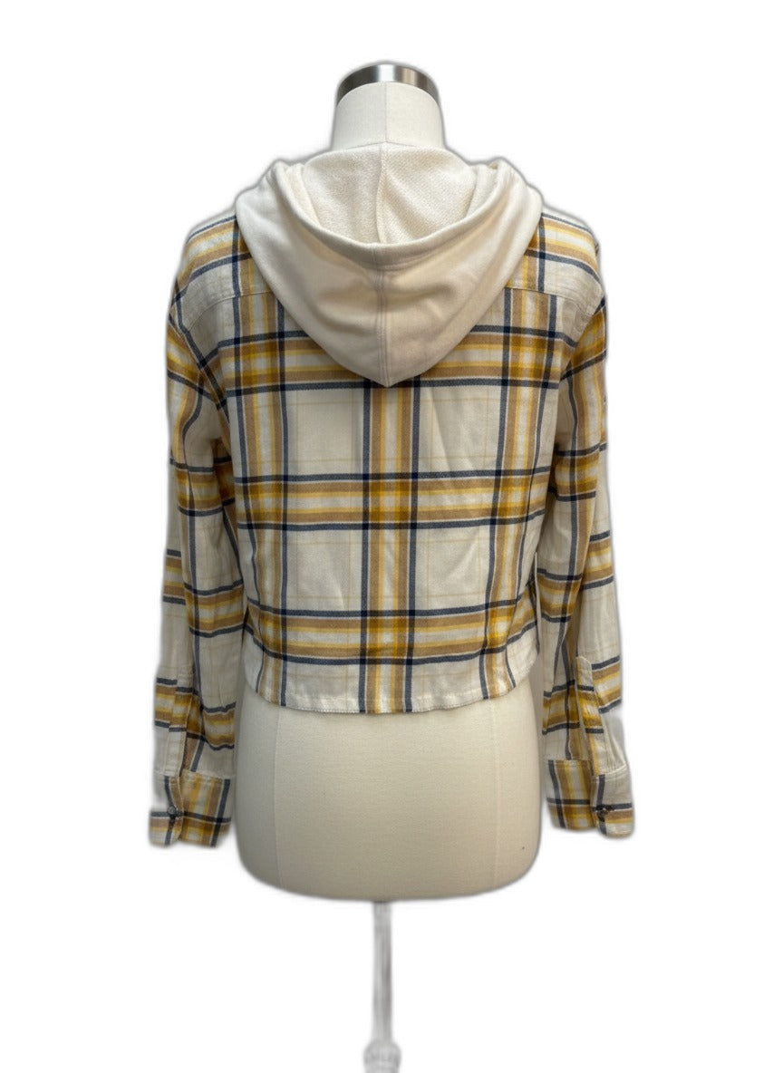 Cleo & Wolf · Cropped Hooded Shacket · Medium · YellowNavy Plaid