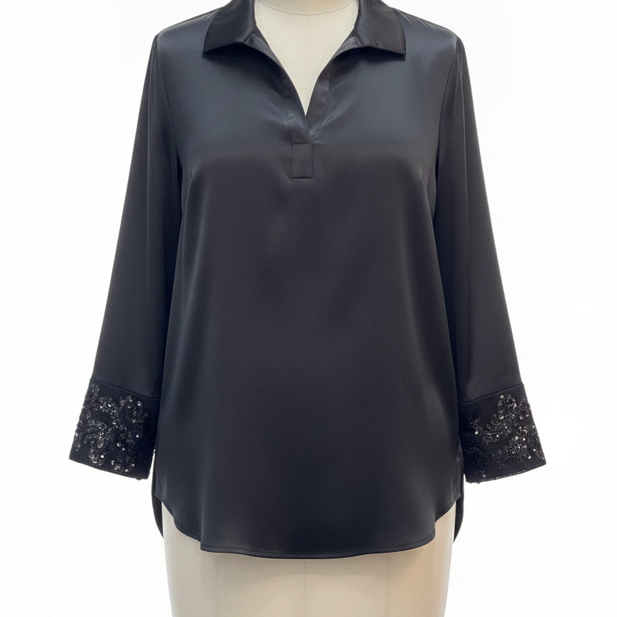 Anne Klein · Beaded Sleeve Detail Long Sleeve Shirt · 2X · Black
