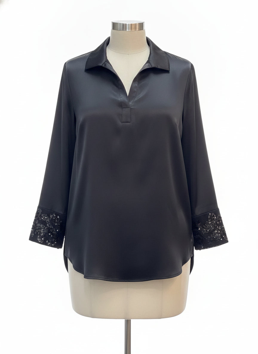 Anne Klein · Beaded Sleeve Detail Long Sleeve Shirt · 2X · Black