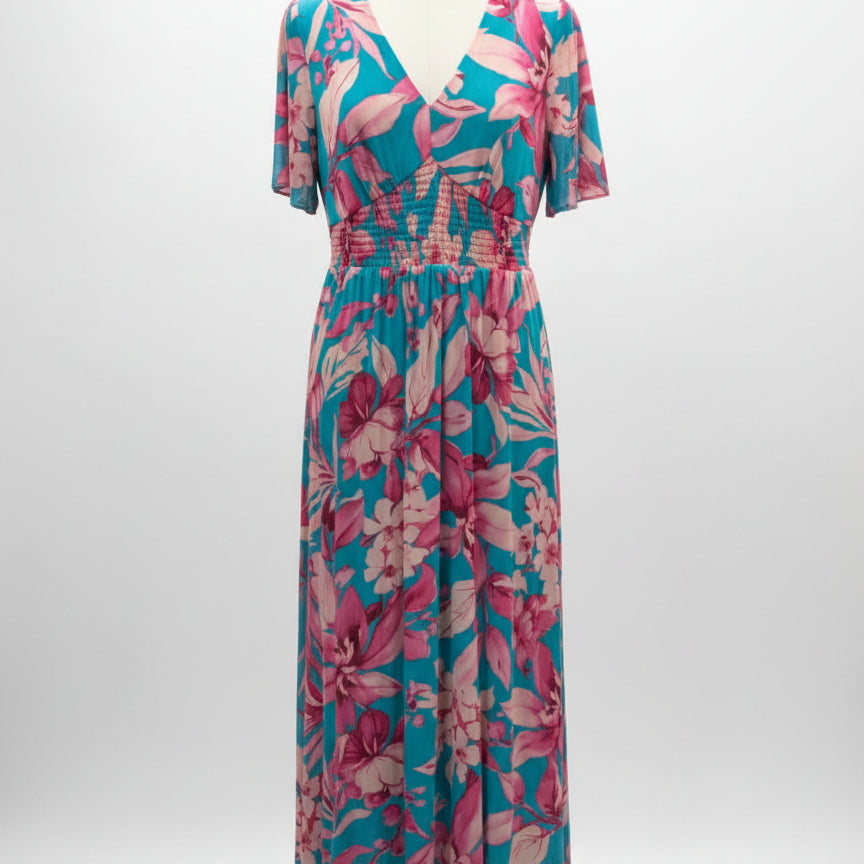 Maggy London · Floral Dress w/ Mesh Shell · 12 · TurqPink
