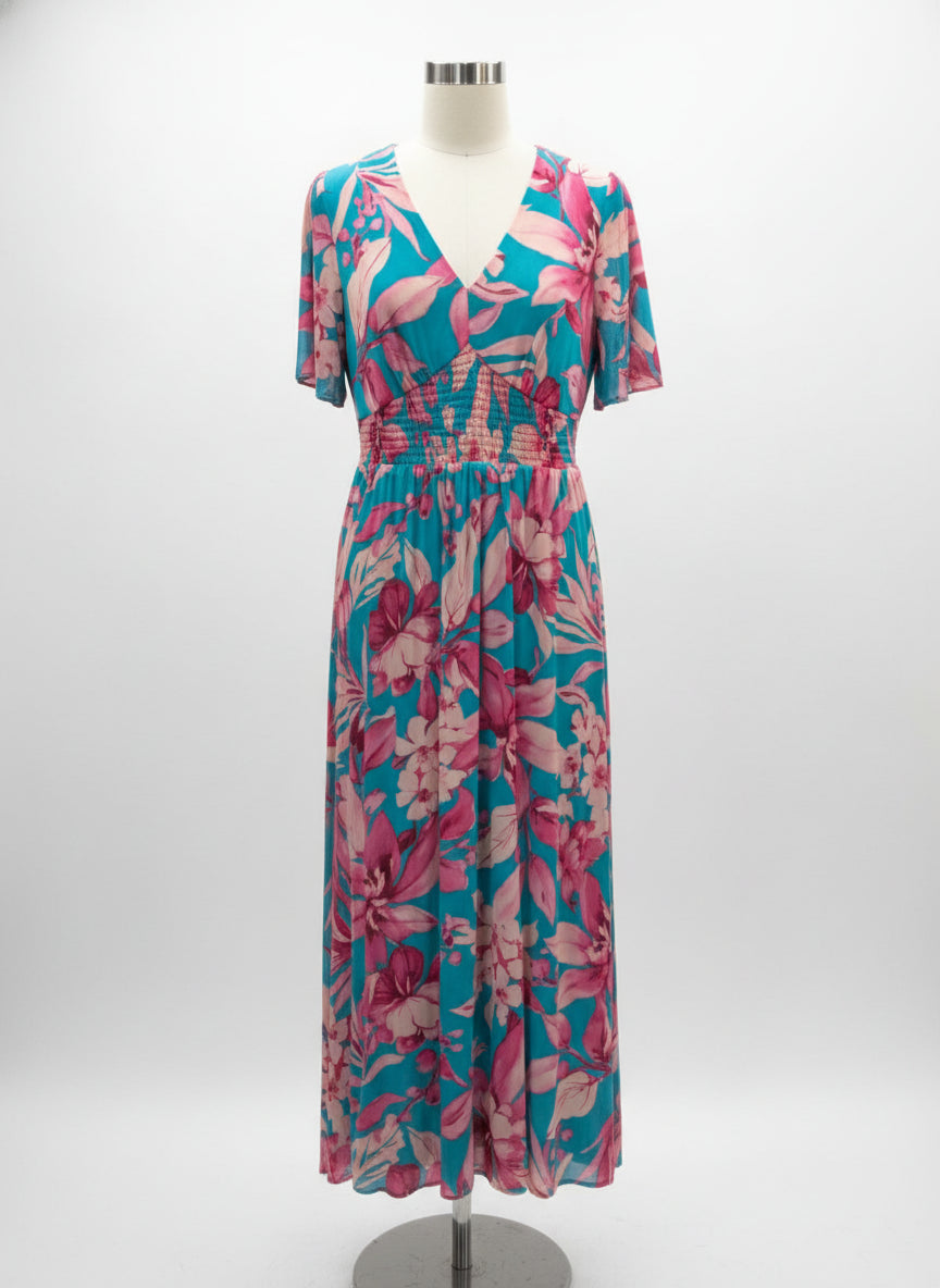 Maggy London · Floral Dress w/ Mesh Shell · 12 · TurqPink