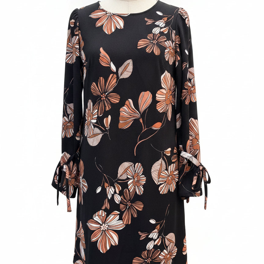 Nine West · Tie Sleeve Detail Longsleeve Dress · 8 · Black Floral