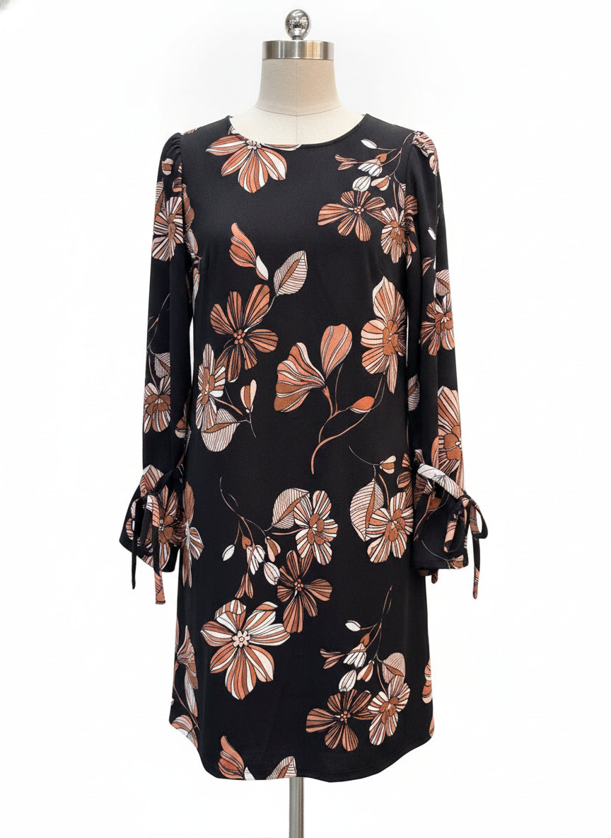 Nine West · Tie Sleeve Detail Longsleeve Dress · 8 · Black Floral