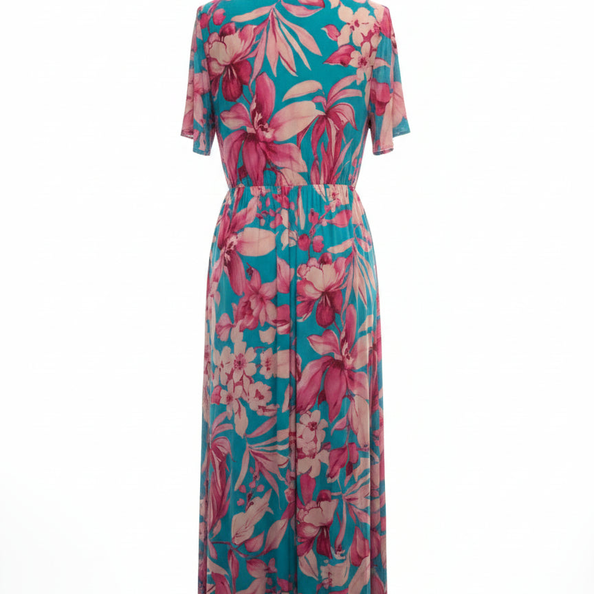 Maggy London · Floral Dress w/ Mesh Shell · 12 · TurqPink