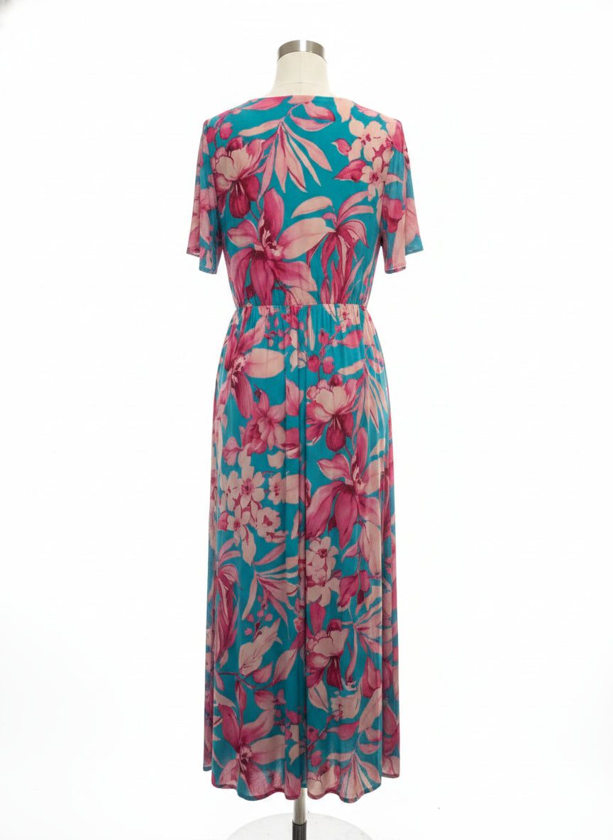 Maggy London · Floral Dress w/ Mesh Shell · 12 · TurqPink