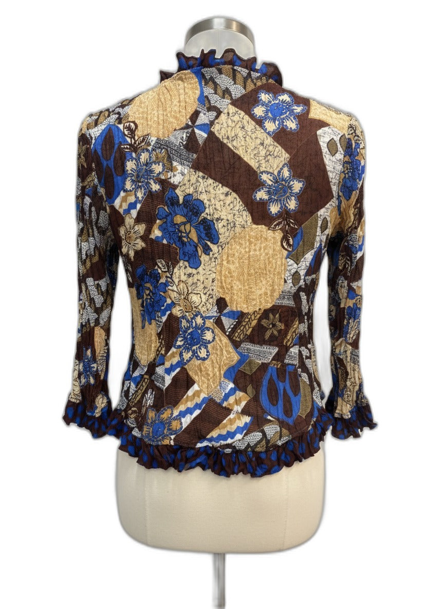 Jaipur · Crinkle Texture Floral Polka-Dot Blouse · Small · BrownBlue