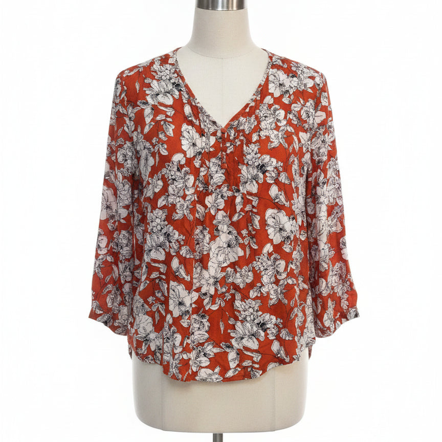 Fun2Fun · 3/4 Sleeve Pleated Detail · Medium · Rust/White Floral