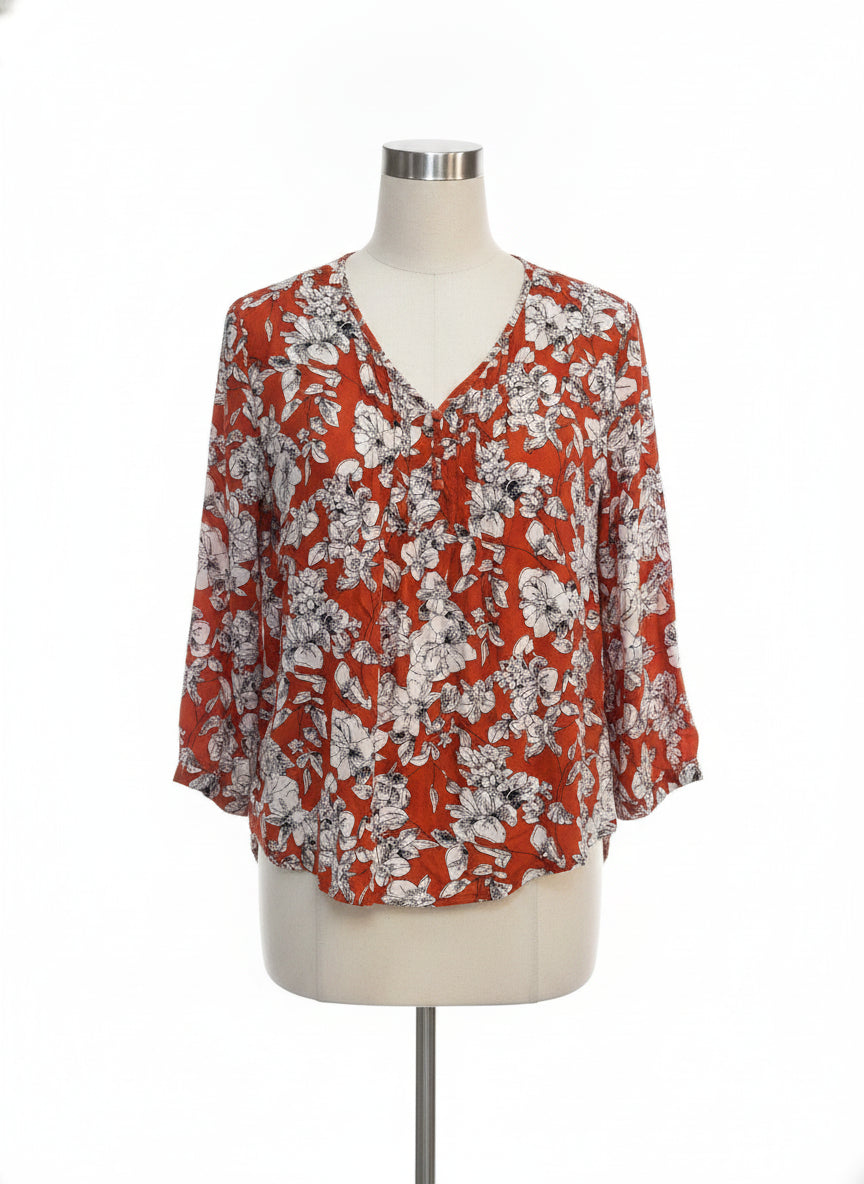 Fun2Fun · 3/4 Sleeve Pleated Detail · Medium · Rust/White Floral