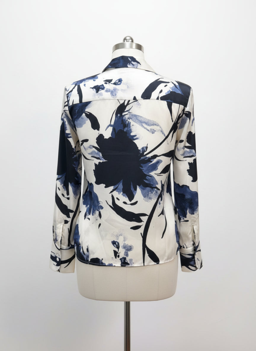 Tamara H. · Shirt · Small · Cream Navy Abstract Floral Print