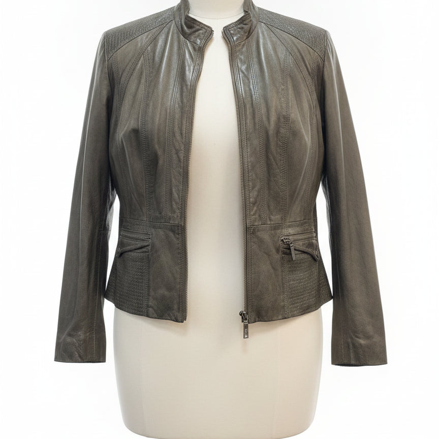 Bernardo · Leather Zip-Up Jacket w/Mandarin Collar · 2X · Olive