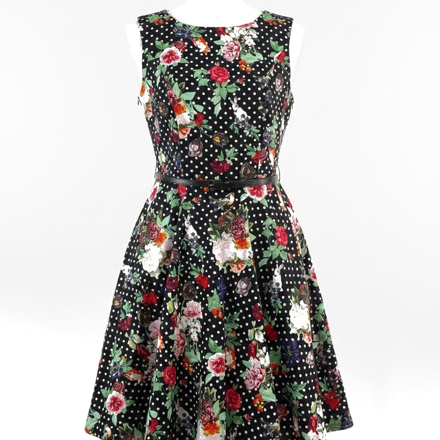 Miss Lulo · Polka Dot Belted Dress · 6 · BlackFloral